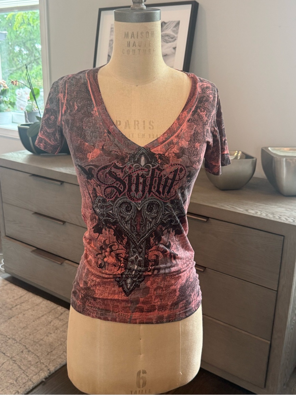 Affliction Women's Short Sleeve V-Neck Graphic Tee in Red and Black